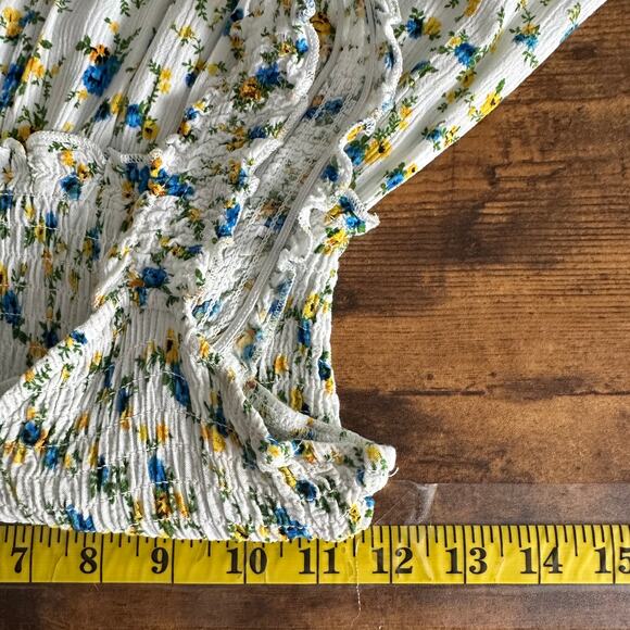 Rue 21 Floral Sundress XS Blue Yellow Ruffle Smocked Cottagecore Boho Y2K - Picture 3 of 9